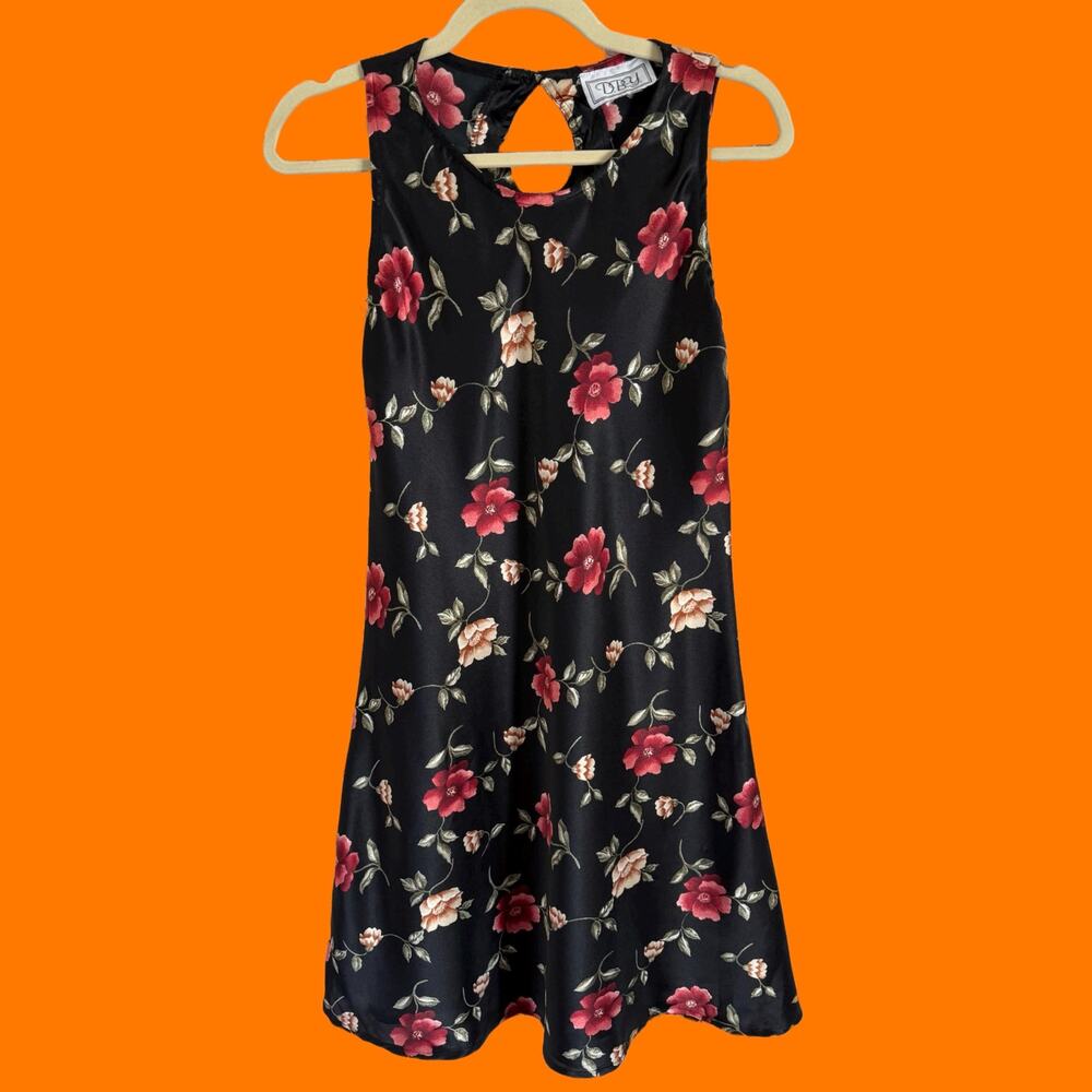 90's vintage black floral moody grunge satin dress MEDIUM dby